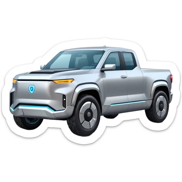 A futuristic electric pickup truck emoji, silver chrome body, angular cyber design, smooth metallic panels, subtle reflections, minimalistic proportions, iOS emoji style, centered composition, clean white background, soft lighting sticker