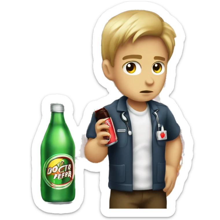 A picture of an angry boy drinking the soda “Doctor pepper” sticker