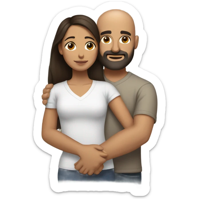 Comforting hug from brunette Puerto Rican with dark brown eyes to short, bald man with brown eyes and a beard sticker