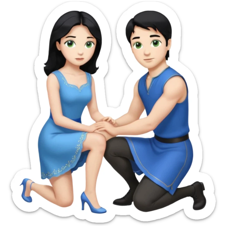 prince, upright, black Hair, blue eyes, blue garment,  Woman, blonde Hair, Green eyes, bending knee, sleveless, white Dress, sticker