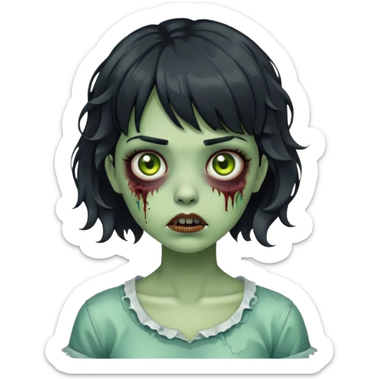 zombie girl with short wavy hair and black bangs, greenish skin sticker