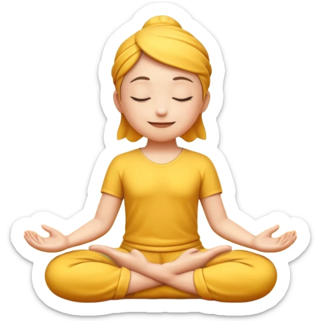 A 3D Apple-style yellow round emoji sitting in a lotus position, eyes gently closed, calm and peaceful smile, hands resting on knees with palms facing upward, relaxed eyebrows, soft glow around the emoji to symbolize inner peace, clean minimal background. sticker
