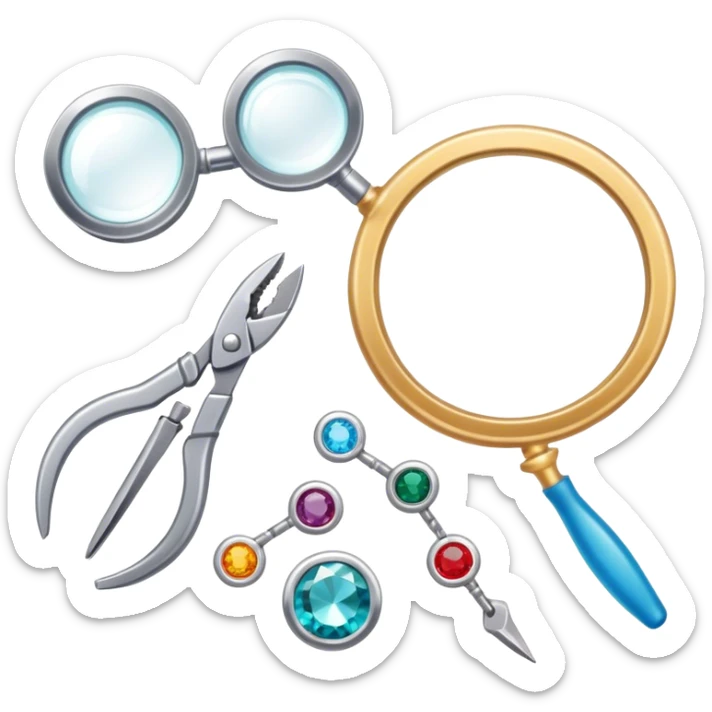 Jewelry art icon, detailed close-up of a ring or necklace being crafted, visible tools like pliers, magnifying glass, workbench with gemstones and wire, minimalistic style, clean lines, transparent background. sticker