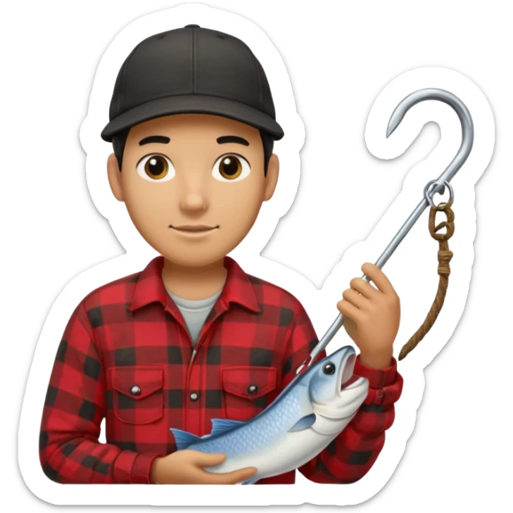 vit Ung man med svart keps röd gul rutig flanellskjorta hållandes en båtshake med stor torsk sticker