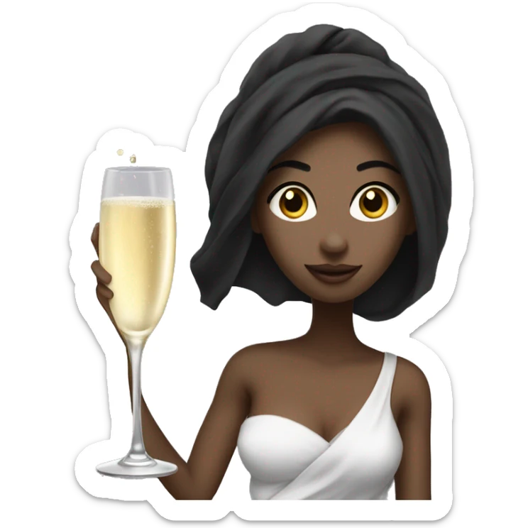 Girl with white towel wrapped around hair holding a champagne glass and bottle in black high heels  sticker