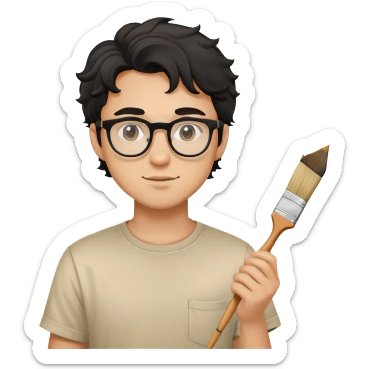 Young caucasian man with black wavy hair, round glasses, beige painting shirt, holding a square paintbrush sticker