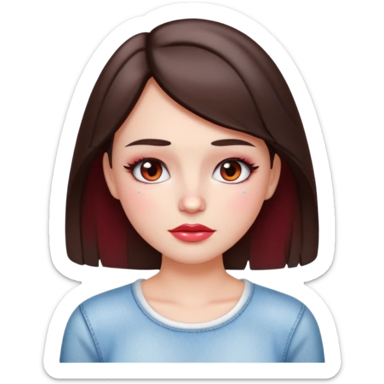 “Emoji brunette girl white top, dewy skin, heavy blush across cheeks and nose bridge, glossy cherry lips, soft eyeliner, teary sparkling eyes like hanni from new jeans sticker