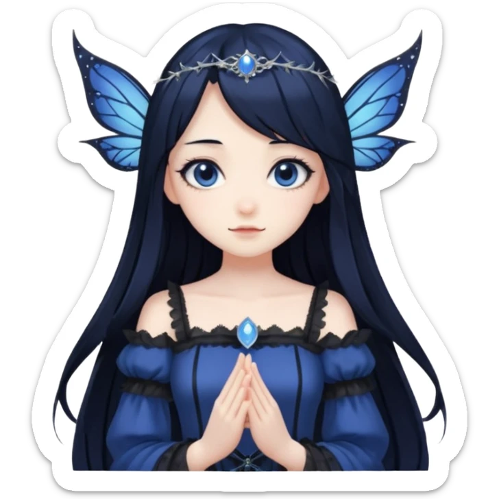 Gothic anime fairy with long beautiful black hair and dark blue dress, pastelcore, sticker