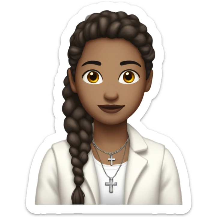 Person, pale white skin, dark brown eyes, brown ponytail, silver cross necklace,fluffy white jacket, white tank top, freckles sticker