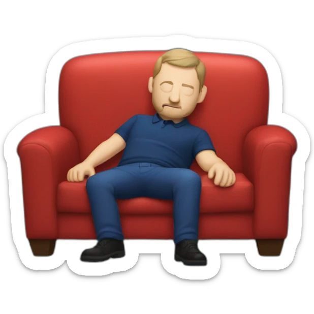 tim robinson laying down on a red couch in a dark dark blue polo shirt, chest up sticker