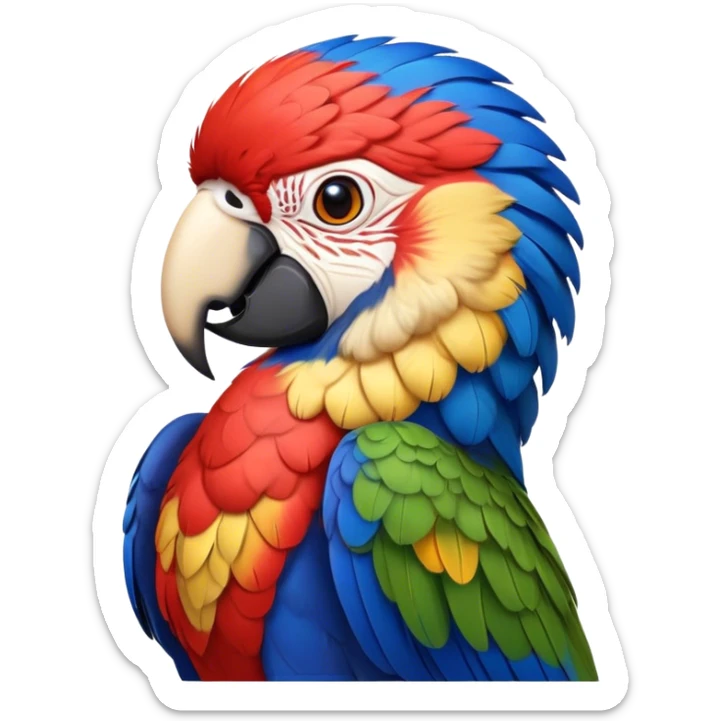 Cinematic Realistic Noble Macaw Portrait Emoji, Poised and majestic, with a robust, vibrant build and meticulously detailed plumage in scarlet, deep blue, and touches of gold, a strong, curved beak and piercing, intelligent eyes, rendered with lifelike feather texture and natural lighting, high shine, commanding and regal, styled with an air of tropical authority, focused and attentive, soft glowing outline, capturing the essence of a watchful and confident macaw that appears ready to soar out of the screen with effortless splendor! sticker