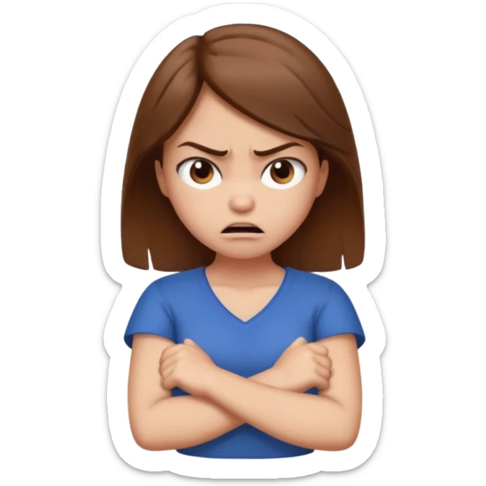 Girl with brown hair crossing arms in front of her chest and making an angry face sticker