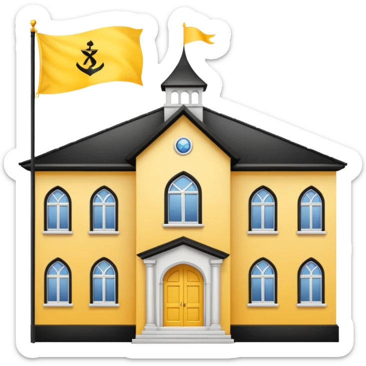 white background, magic school, black roof, with a big flag, big flag on a roof, big yellow flag, white school sticker