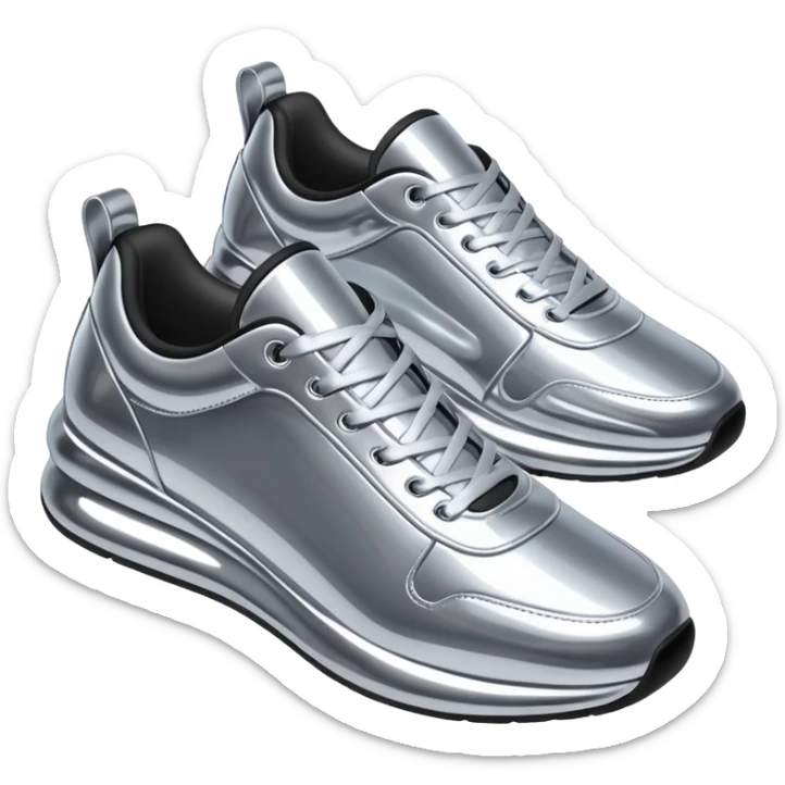 A pair of futuristic sneakers emoji made of silver chrome, sleek streetwear design, smooth metallic panels, subtle reflections, luxury swag aesthetic, iOS emoji style, centered, clean white background sticker