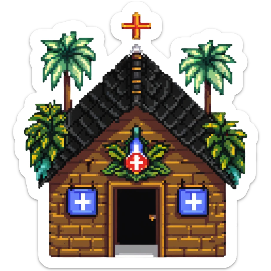 Thai hospital with traditional ornate roof, medical symbol, tropical plants sticker
