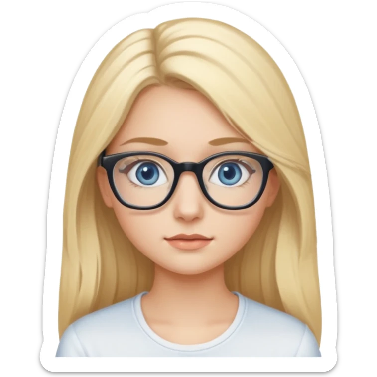 Fille 20ans qui a des cheveux long et blond  avec des lunettes et des yeux bleu- gris avec du mascara sur les yeux et un haut blanc sticker