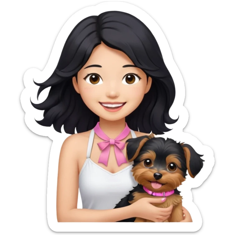 Pretty Asian girl with long, luscious wavy black hair, no hair tie, wearing a cute sleeveless white halter top, smiling warmly while carrying a Yorkshire Terrier with a pink collar in her arms. Remove the bow in the girl's neck sticker