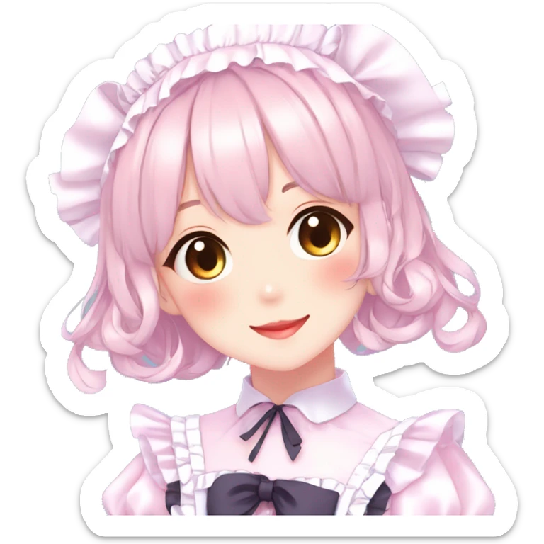 Gorgeous anime style girl blushing face maid outfit Lolita idol model colorful shiny sparkle kawaii pastelcore cottagecore pearly petite simplistic aesthetic trending style sticker