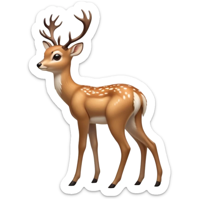 cinematic-[deer]-realistic-full-body-standing on all fours-emoji,-tail-tucked-close,-head-tilted-dramatically,-sleek-[fawn]-fur,-simplified-yet-realistic-focused-features,-highly-detailed,-glowing-with-an-almost-sarcastic-glow big antlers sticker