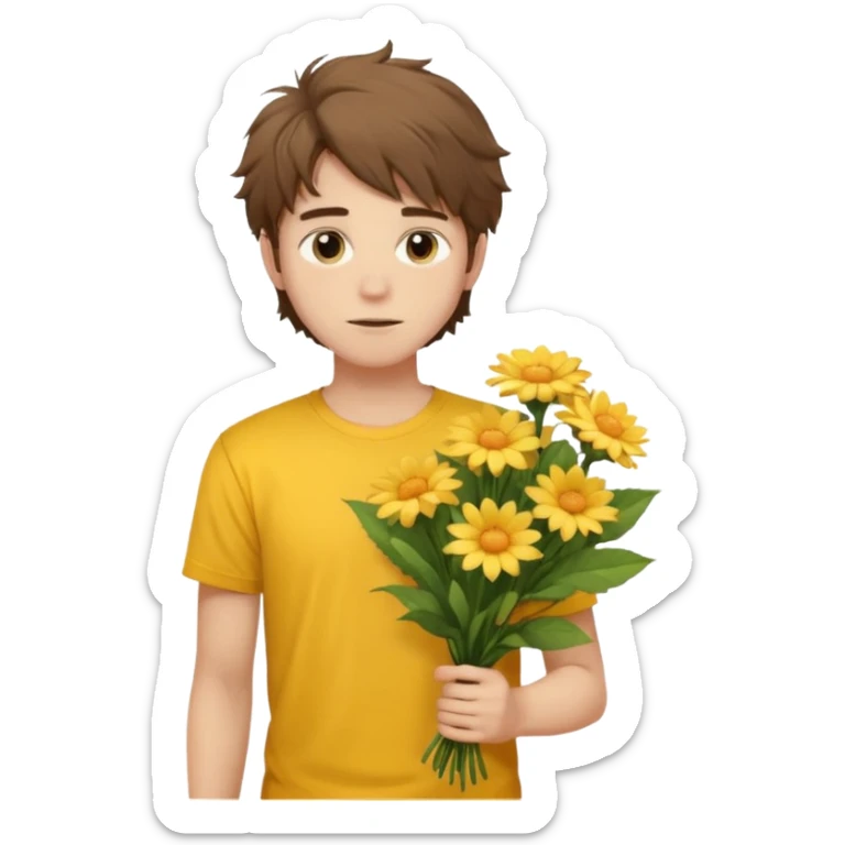 generate an ios genmoji of a 20 year old fair boy with brown long and messy hair with stubble on cheeks. should look like he cant grow a mustache., carrying a flower bouquet, wearing a yellow tshirt, looking shy sticker