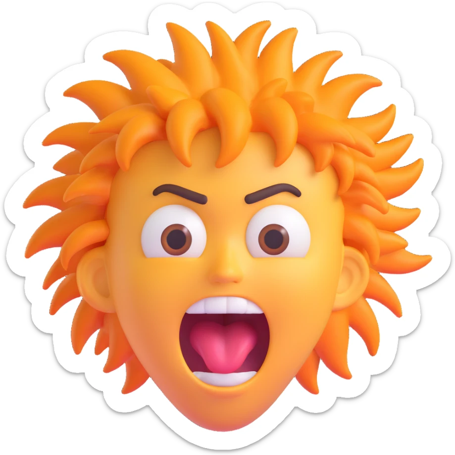 emoji with wild crazy hair, tired baggy eyes, mouth wide open in a scream, expressive exaggerated emotion sticker