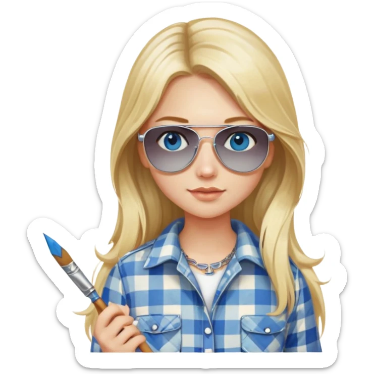 girl with long blond hair, wearing plaid shirt with blue eyes and aviator sunglasses wearing a ring on her silver necklace, holding a paintbrush sticker