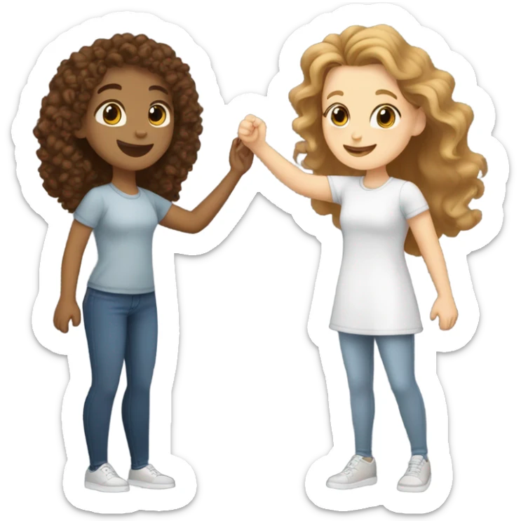 two white girls (one with brown curly hair and one with light brown straight hair) high fiving sticker