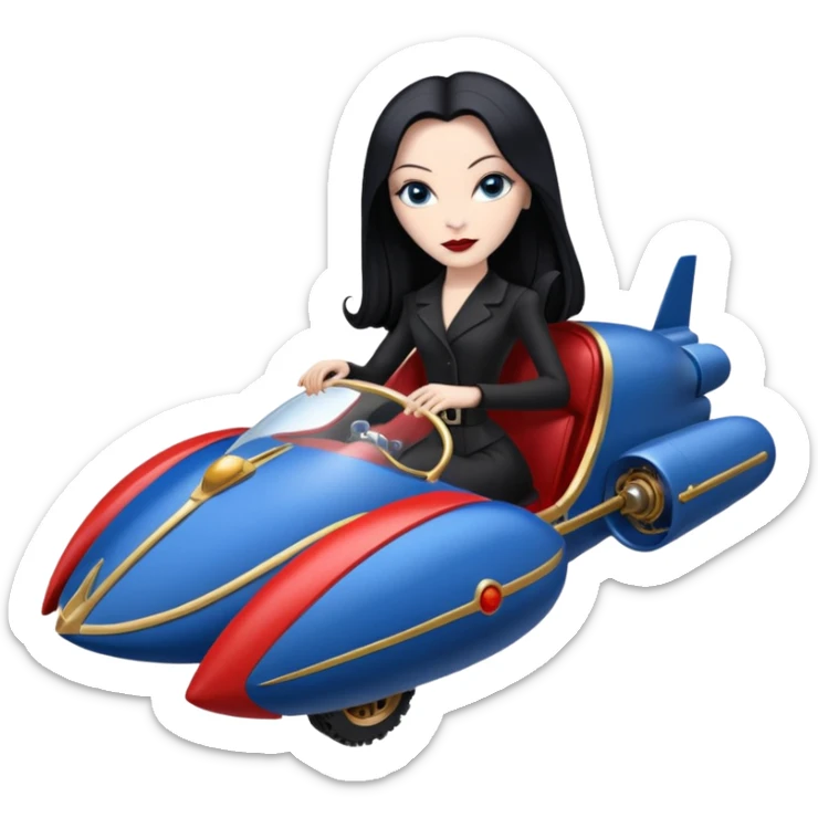Ultra Jetson’s Jedi teen Morticia Addams flying a red and blue Zephyr-J Jumpspeeder anti-gravity repulsorlift powered by an imperial speeder steampunk hypercar  sticker