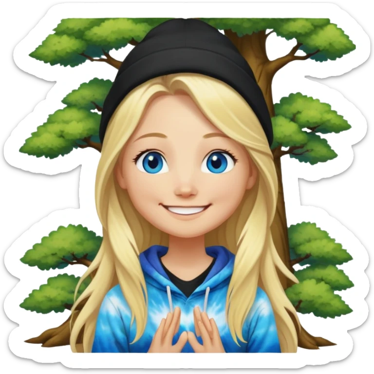 long haired blonde white woman wearing a black beanie and  with blue eyes and a big smile meditating next to a tree tie dye hoodie  sticker