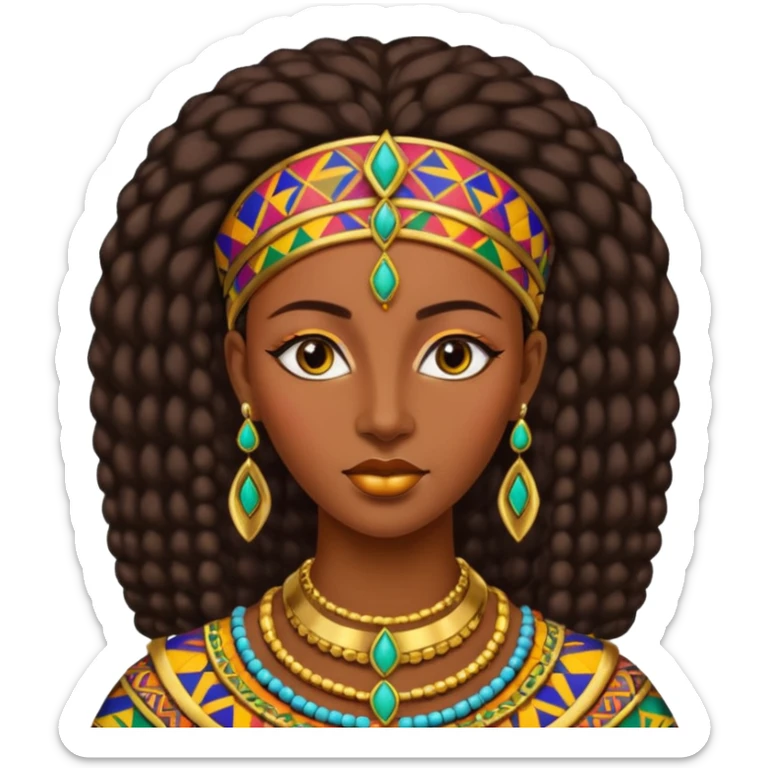 Create me an emoji of a beautiful Ethiopian Queen of Sheba wearing a colorful African patterns. sticker