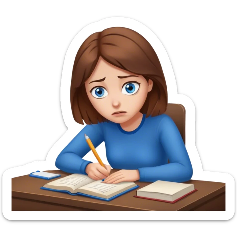 female writer, romantic, with brown hair, fair skin and blue eyes writing a book with a worried face sticker