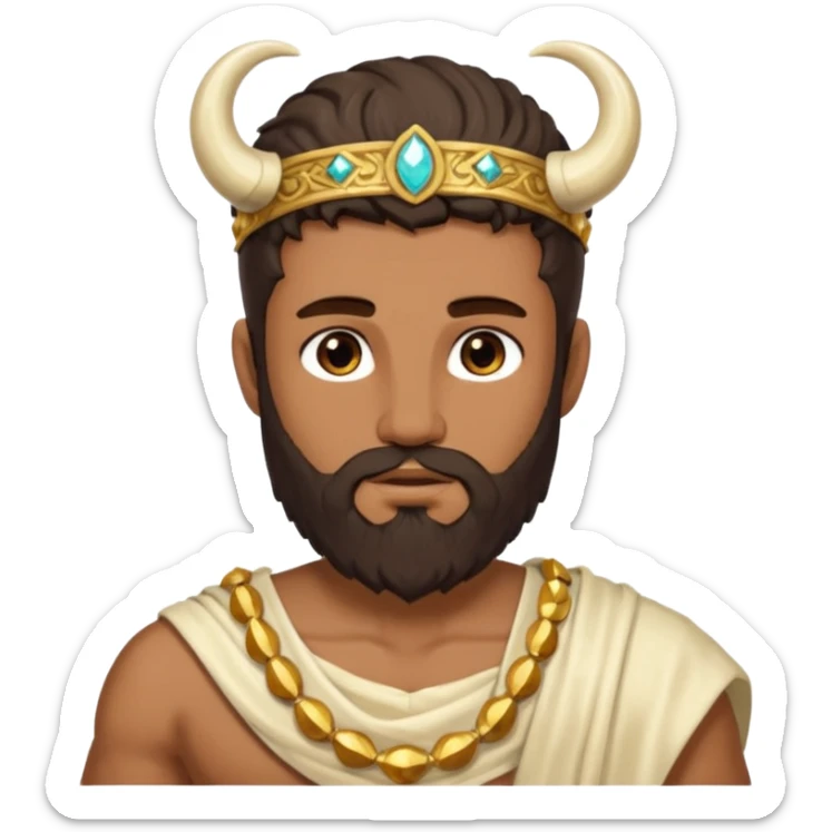 Faunus, God from Nature Roman Deities with long dark brown hair and beard, tan sequin toga, ivory horn sticker