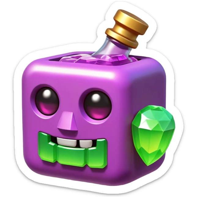 Clash of Clans aesthetic: Cinematic Playful Pixel 3D Magic Potion Portrait Emoji, rendered in a 3D vector-style similar to standard emojis with minimal shading and bold, simplified shapes. A compact, distinct form with signature details, softly glowing with a pixelated adventure charm. Simplified yet unmistakably iconic, highly detailed and consistent, glowing with a soft radiance and high shine. Stylized with a touch of classic pixel-art charm and a soft glowing outline, capturing the essence of a beloved gaming relic with a friendly, playful manner! sticker