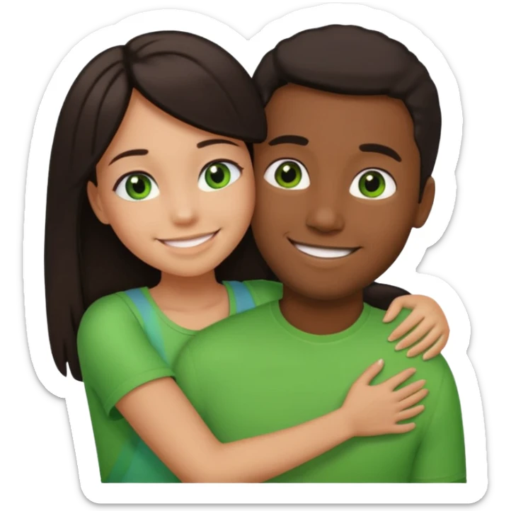 black guy with a girl with dark hair and green eyes in a side hug, emoji style sticker