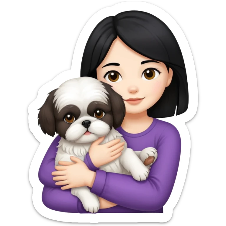 A girl with black hair hugging a Shih Tzu dog sticker