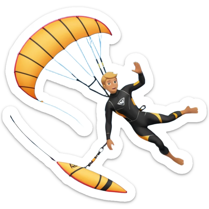 Kiter man con neopreno negro largo en el mar con una cometa kite surf de 18 metros,haciendo kite surf y el truco downloop sticker