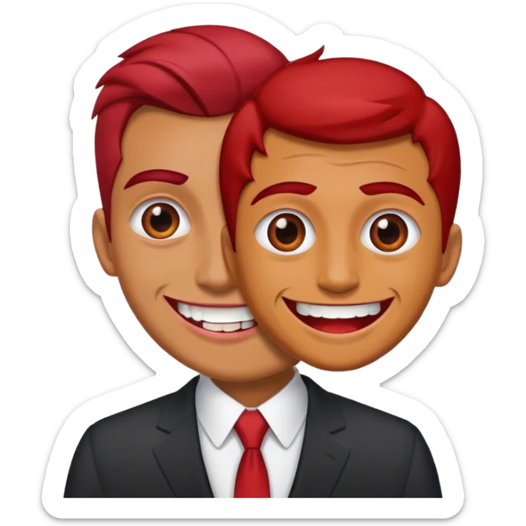 A man comes out of the eye of a man who has red skin and a wide smile with long teeth sticker