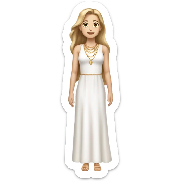 do one white woman with long straight light brown  hair with dark eyes gold jewelry full body, and a white dress sticker