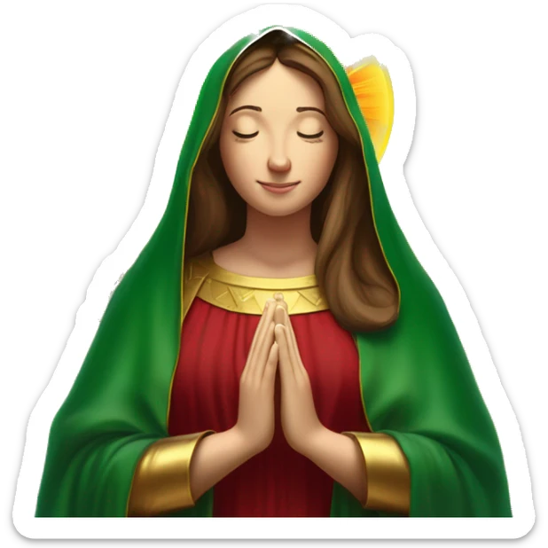 Virgin Mary: kind face looking down at the left, long brown hair, Wearing an emerald green  robe with gold stars and a burgundy red dress,  Hands in prayer or blessing. Halo around her head. standing in front of a big sun. colorful roses on the sides  sticker