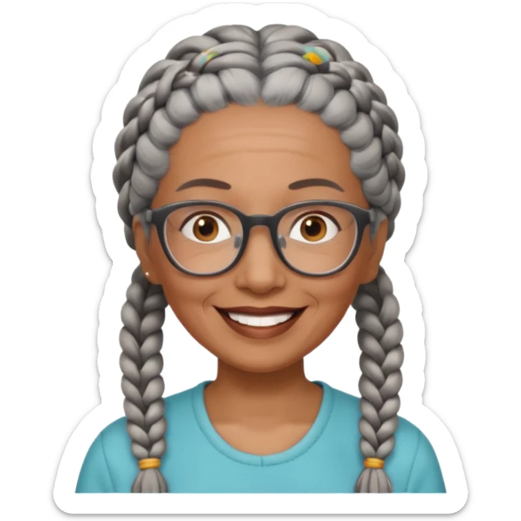 Older woman of color with gray braids, glasses and smiling sticker