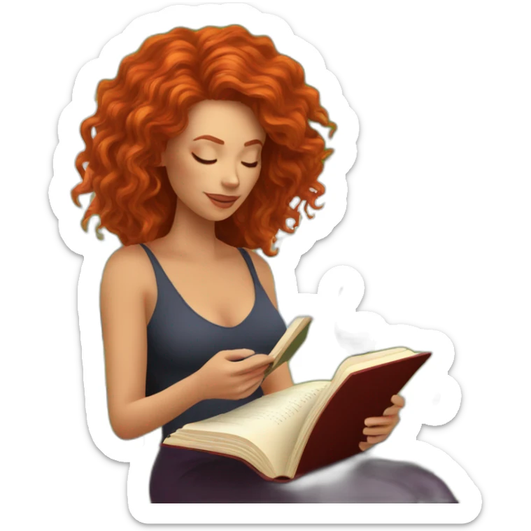 White woman with long curly red hair reading a book with a glass of wine in a park sticker