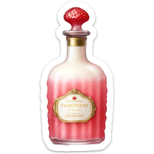 Antique parfumerie bottle with oil, made of red crystals, white cream and pink strawberry milk pour from the bottle sticker