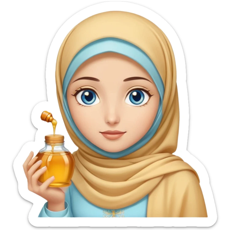 Turkish beautiful finish Konya girl blue eyes with honey pastel hijab islamic dress and had on her hand honey sticker