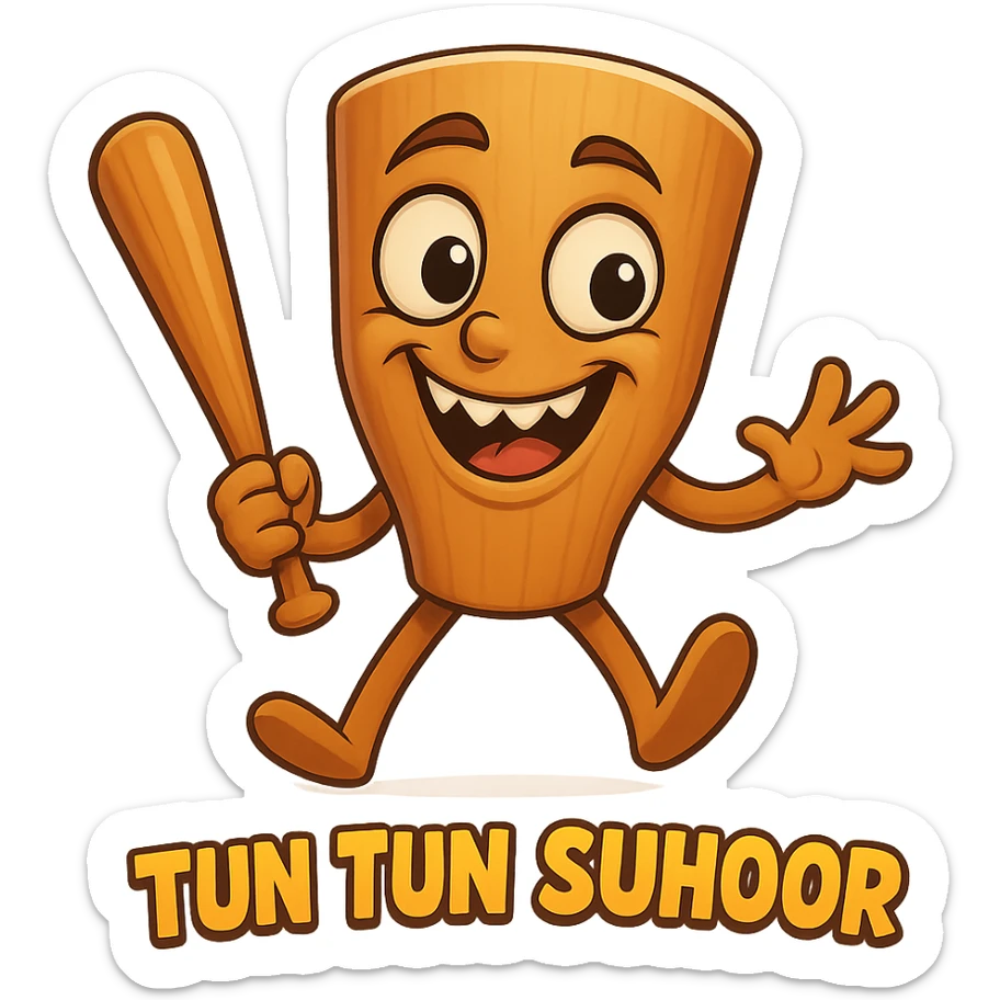 chibi emoji of Tun Tun Suhoor, wooden stick body with smooth brown texture, drum-like cylindrical body, holding baseball bat, cartoon style, bright vivid colors, expressive face, dynamic pose, a bit creepy yet funny,  sticker