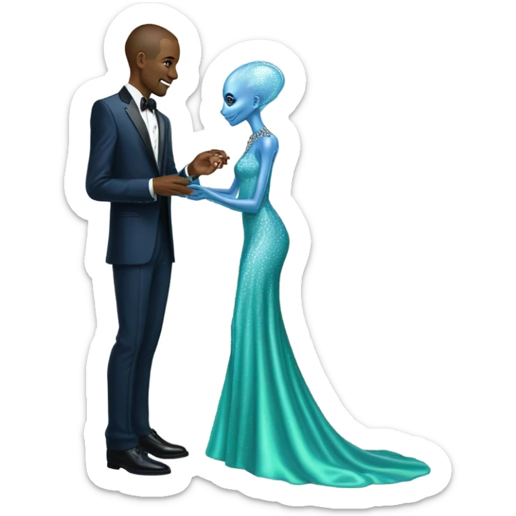 alien reptilian green skin woman, in long slim pastel blue formal party satin dress with gradient shiny sparkling navy blue diamonds embroidered , and caucasian man in black dres on his knees asks her to marry her sticker