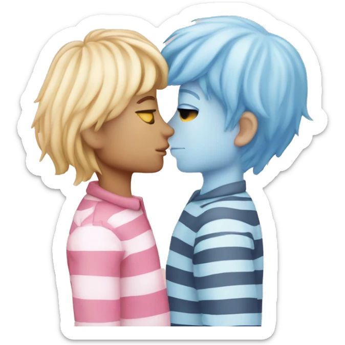 Kissing men, boy withlong blonde hair kissing a pale blue striped face pink hair man sticker