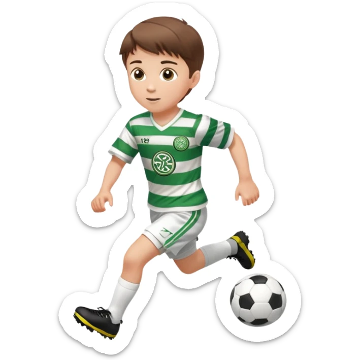 Celtic footballer jersey logo  6 years old brown hair white boy , brown eyes , stripes uniform , RUNNING  with soccer ball # 17 celtic football logo PUT ONLY ONE LOGO ONE CELTIC LOGO ONLY white shorts sticker