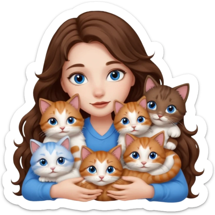 girl with long wavy brown hair, blue eyes, long lashes makeup, cuddling with 6 cute cats sticker