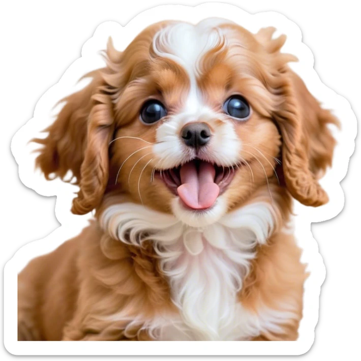 Cinematic Cute Yawning Apricot Cavoodle Portrait Emoji, Head tilted slightly with a dramatic, wide-open yawn, showcasing a soft, curly apricot coat with delicate white accents, floppy ears slightly drooping, round brown eyes barely open in drowsy contentment, Simplified yet irresistibly adorable features, highly detailed, glowing with a soft, cozy glow, high shine, relaxed yet expressive, stylized with a touch of whimsy, bright and endearing, soft glowing outline, capturing the essence of a sleepy yet affectionate companion, so drowsy it feels like it could stretch right out of the screen and curl up for a nap! sticker