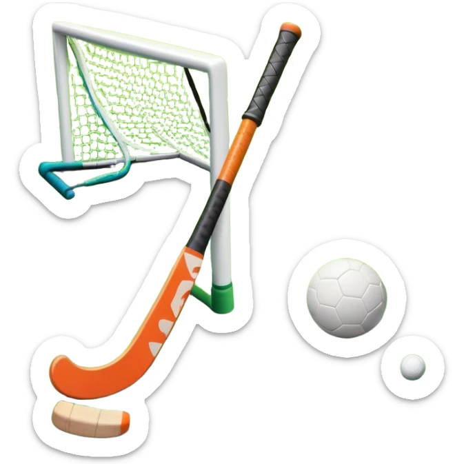 A field hockey stick and ball resting on a well-maintained green grass field, with the goalposts and markings visible in the background. The scene highlights the precision and focus of the sport, with the vibrant green pitch creating a dynamic atmosphere. sticker